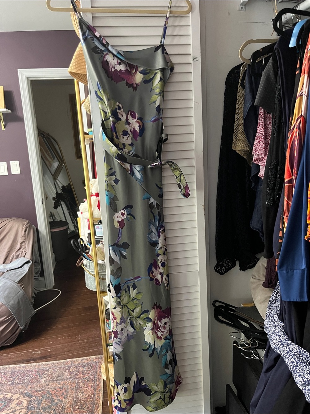 NICHOLAS Olive Floral Satin Slip Maxi Dress